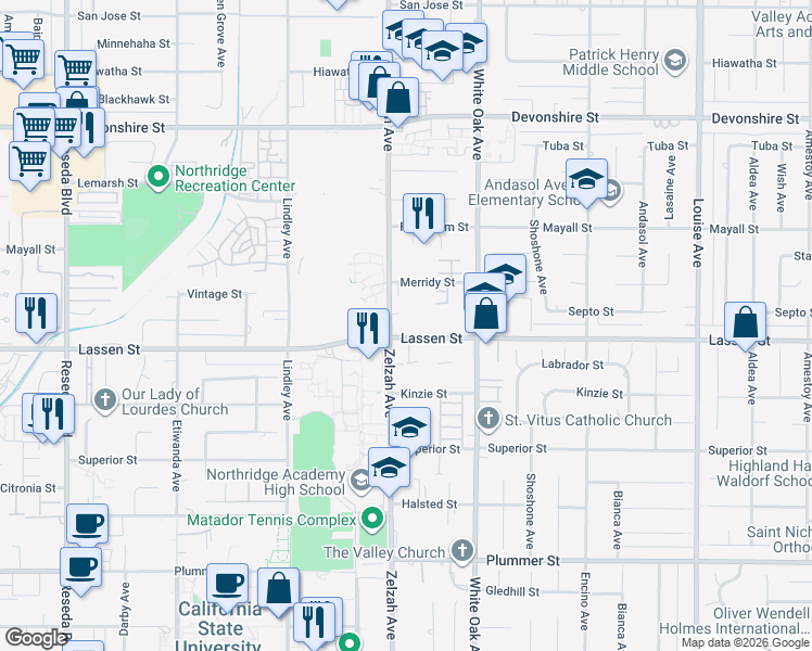 map of restaurants, bars, coffee shops, grocery stores, and more near 17831 Lassen Street in Los Angeles