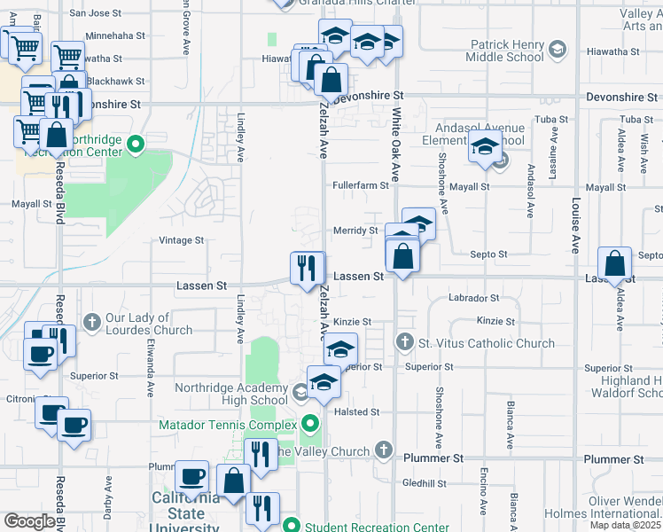 map of restaurants, bars, coffee shops, grocery stores, and more near 17831 Lassen Street in Los Angeles