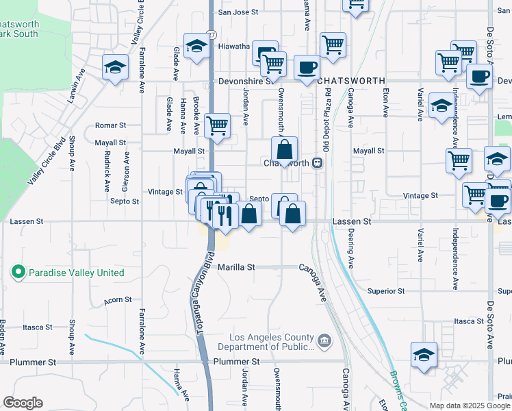 map of restaurants, bars, coffee shops, grocery stores, and more near 9920 Jordan Avenue in Los Angeles
