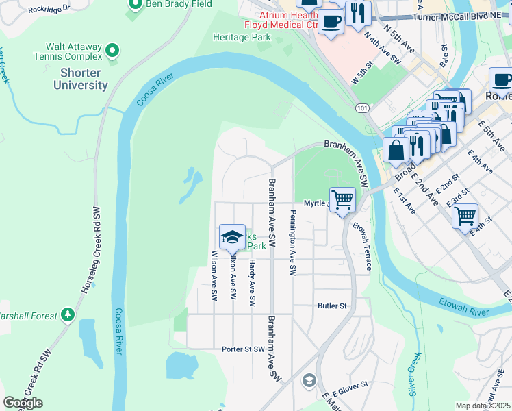 map of restaurants, bars, coffee shops, grocery stores, and more near 101 Hardy Avenue Southwest in Rome