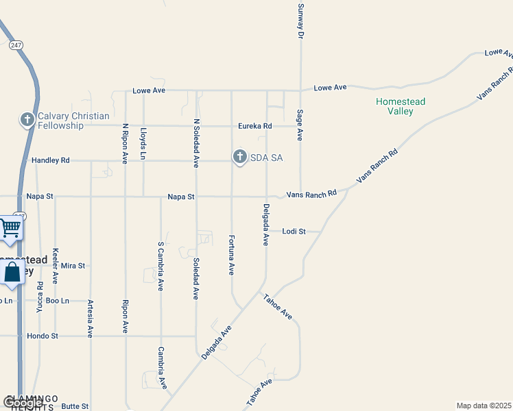 map of restaurants, bars, coffee shops, grocery stores, and more near 130 Delgada Avenue in Yucca Valley