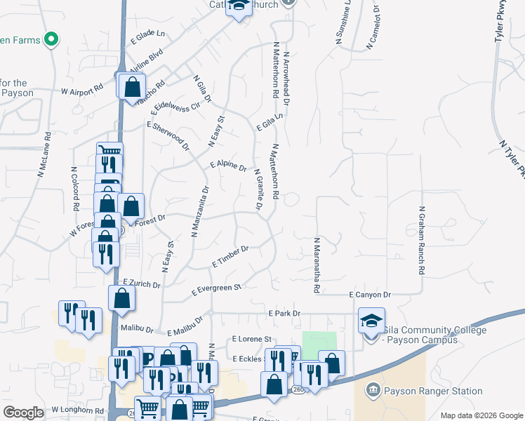 map of restaurants, bars, coffee shops, grocery stores, and more near 707 North Granite Drive in Payson