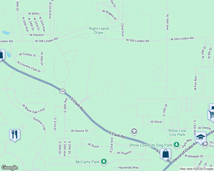 map of restaurants, bars, coffee shops, grocery stores, and more near 60 South Bench Circle in Show Low
