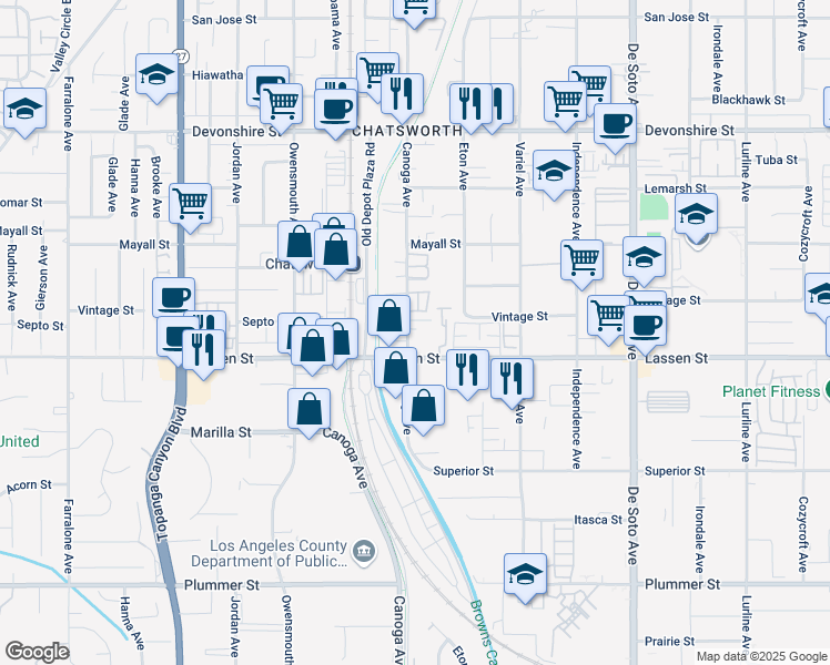 map of restaurants, bars, coffee shops, grocery stores, and more near 9939 Canoga Avenue in Los Angeles