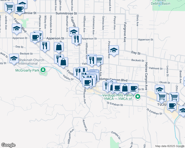 map of restaurants, bars, coffee shops, grocery stores, and more near 10026 Commerce Avenue in Los Angeles