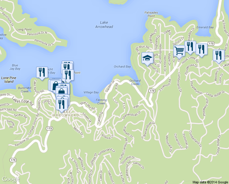 map of restaurants, bars, coffee shops, grocery stores, and more near 158 B Lane in Lake Arrowhead