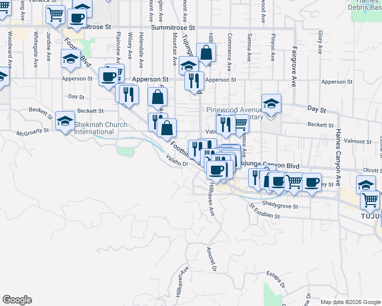 map of restaurants, bars, coffee shops, grocery stores, and more near 7341 Foothill Boulevard in Los Angeles