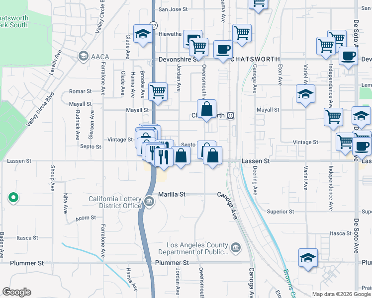 map of restaurants, bars, coffee shops, grocery stores, and more near 9920 Jordan Avenue in Los Angeles