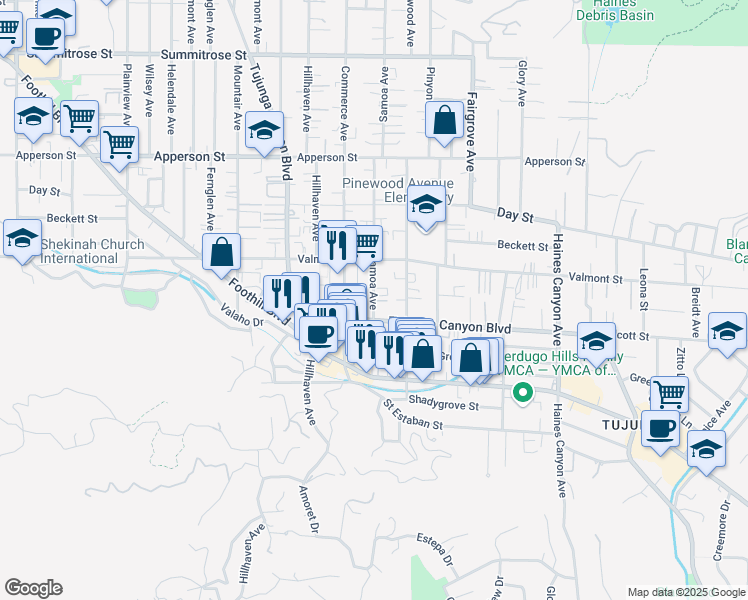 map of restaurants, bars, coffee shops, grocery stores, and more near 10113 West Amber Court in Los Angeles