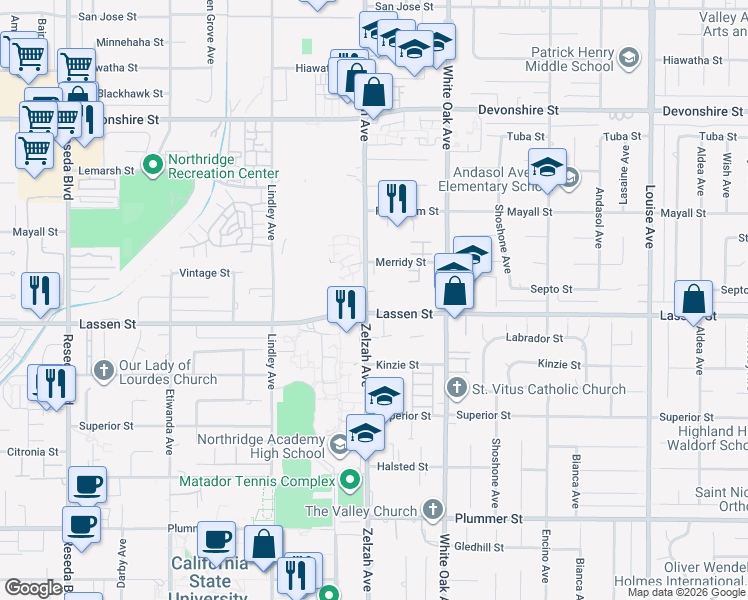 map of restaurants, bars, coffee shops, grocery stores, and more near 17841 Lassen Street in Los Angeles