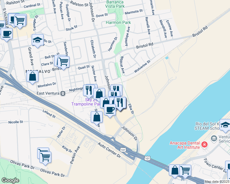 map of restaurants, bars, coffee shops, grocery stores, and more near 2686 Johnson Drive in Ventura