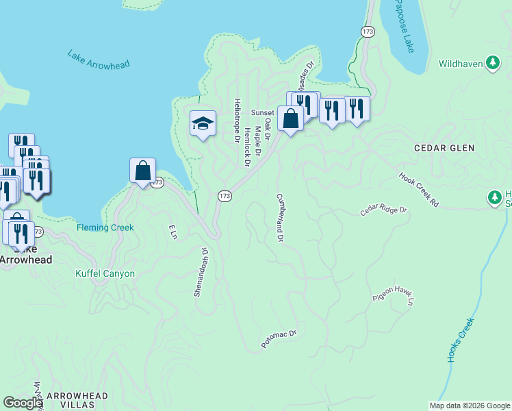 map of restaurants, bars, coffee shops, grocery stores, and more near 125 Fremont Road in Lake Arrowhead