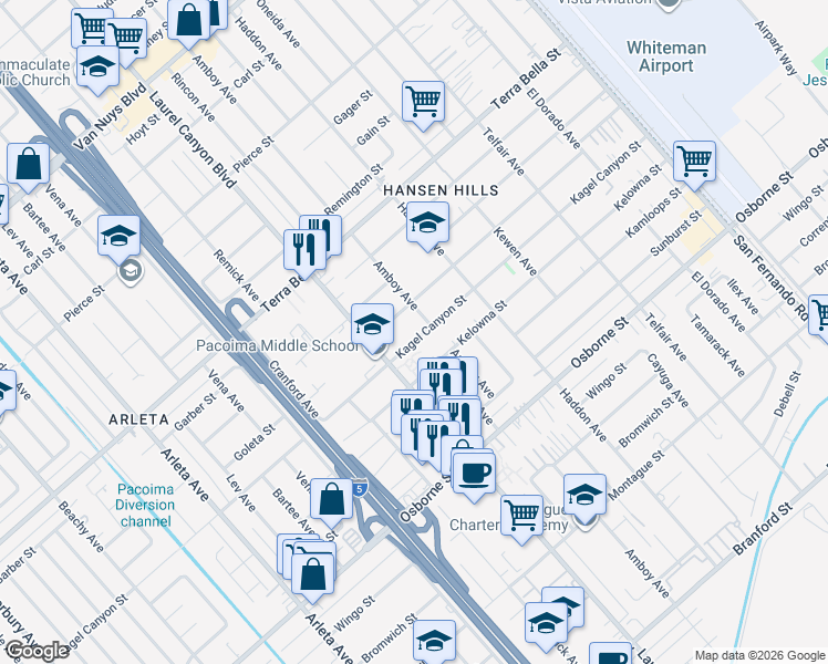 map of restaurants, bars, coffee shops, grocery stores, and more near 13247 Kagel Canyon Street in Los Angeles