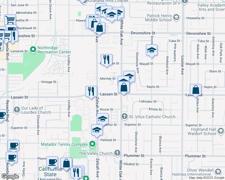 map of restaurants, bars, coffee shops, grocery stores, and more near 9907 White Oak Avenue in Los Angeles