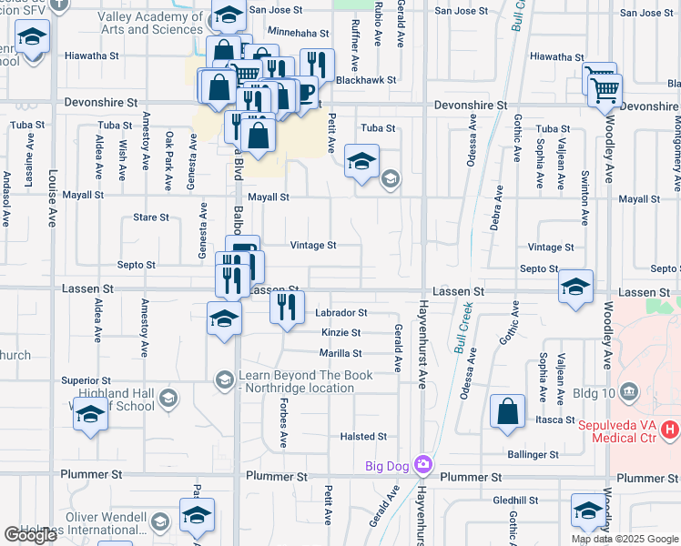 map of restaurants, bars, coffee shops, grocery stores, and more near 16732 Septo Street in Los Angeles