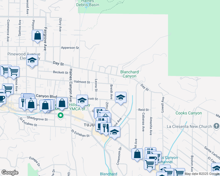 map of restaurants, bars, coffee shops, grocery stores, and more near 10051 Breidt Avenue in Los Angeles