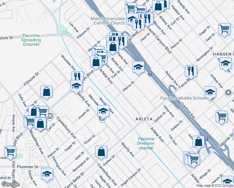 map of restaurants, bars, coffee shops, grocery stores, and more near 13911 Pierce Street in Los Angeles
