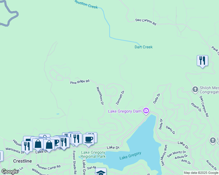 map of restaurants, bars, coffee shops, grocery stores, and more near 117 Wylerhorn Drive in Crestline