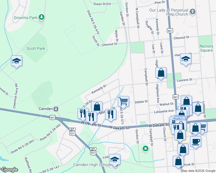 map of restaurants, bars, coffee shops, grocery stores, and more near 1011 Kennedy Street in Camden