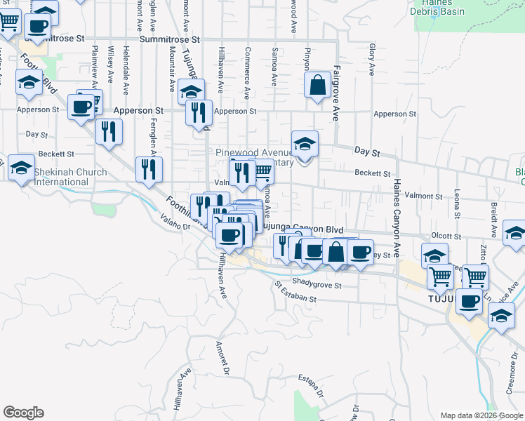 map of restaurants, bars, coffee shops, grocery stores, and more near 10117 West Amber Court in Los Angeles