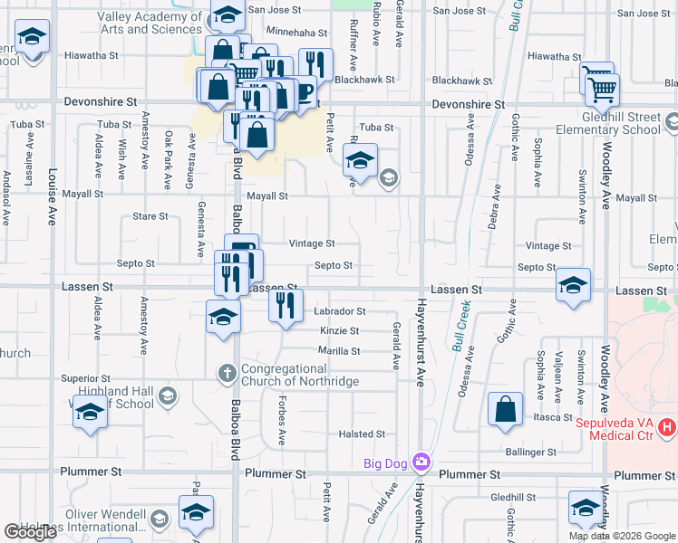map of restaurants, bars, coffee shops, grocery stores, and more near 16732 Septo Street in Los Angeles