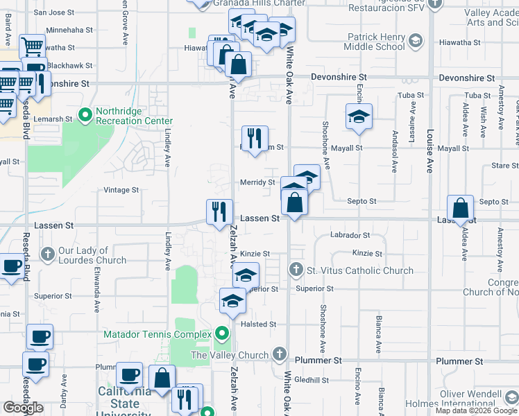 map of restaurants, bars, coffee shops, grocery stores, and more near 9907 White Oak Avenue in Los Angeles