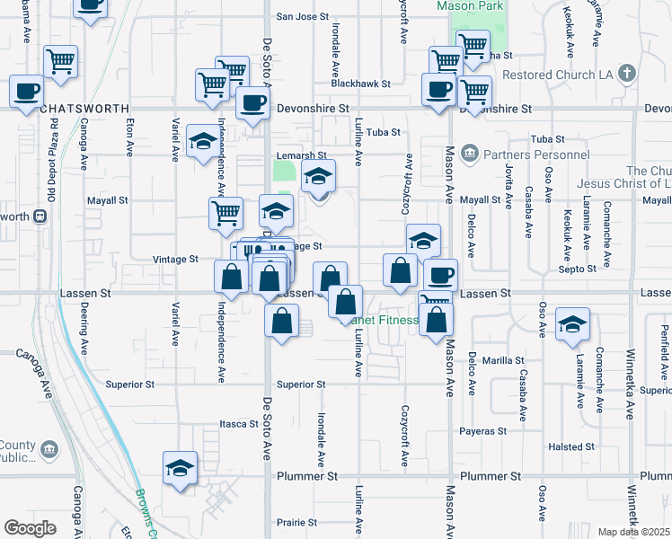map of restaurants, bars, coffee shops, grocery stores, and more near 9945 Lurline Avenue in Los Angeles
