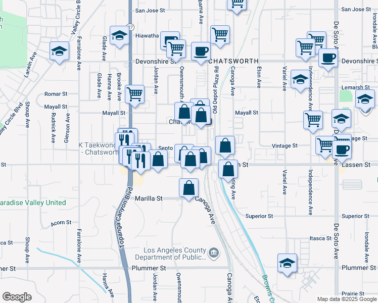 map of restaurants, bars, coffee shops, grocery stores, and more near 9940 North Remmet Avenue in Los Angeles