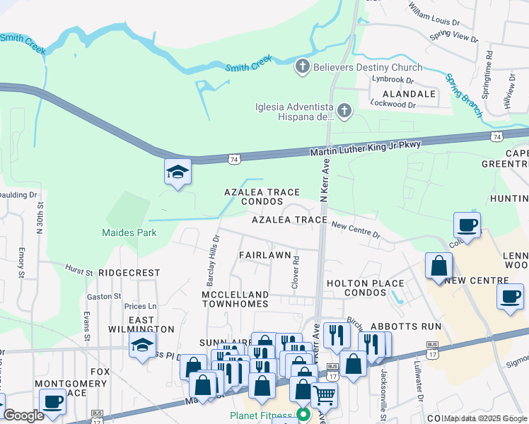 map of restaurants, bars, coffee shops, grocery stores, and more near 701 Indica Court in Wilmington