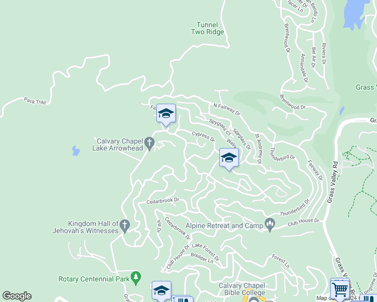 map of restaurants, bars, coffee shops, grocery stores, and more near 26122 Augusta Drive in Lake Arrowhead