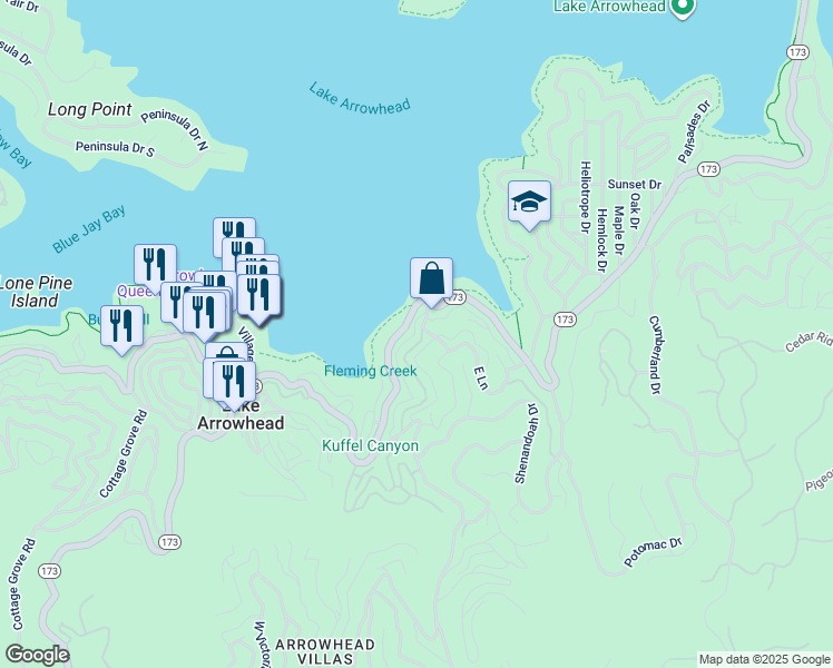 map of restaurants, bars, coffee shops, grocery stores, and more near 158 B Lane in Lake Arrowhead