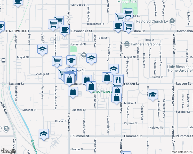 map of restaurants, bars, coffee shops, grocery stores, and more near 20656 Septo Street in Los Angeles