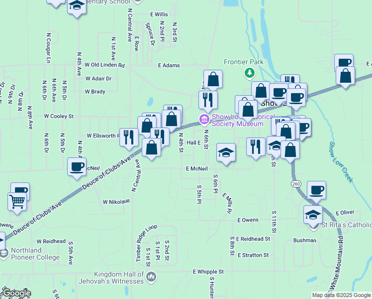 map of restaurants, bars, coffee shops, grocery stores, and more near 150 North 5th Street in Show Low