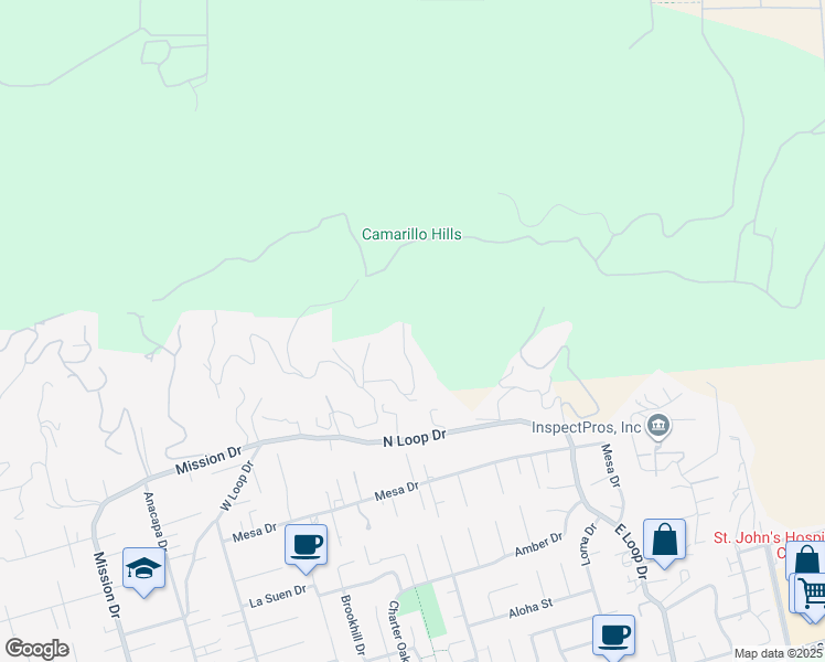 map of restaurants, bars, coffee shops, grocery stores, and more near 390 Highland Hills Drive in Camarillo