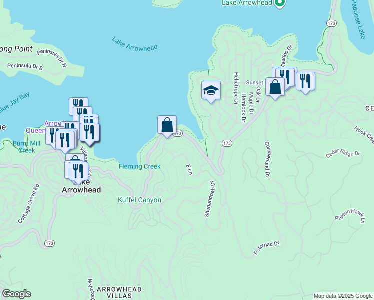 map of restaurants, bars, coffee shops, grocery stores, and more near 132 C Lane in Lake Arrowhead