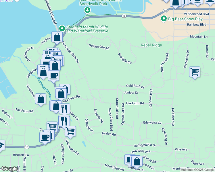 map of restaurants, bars, coffee shops, grocery stores, and more near 42450 Juniper Drive in Big Bear Lake