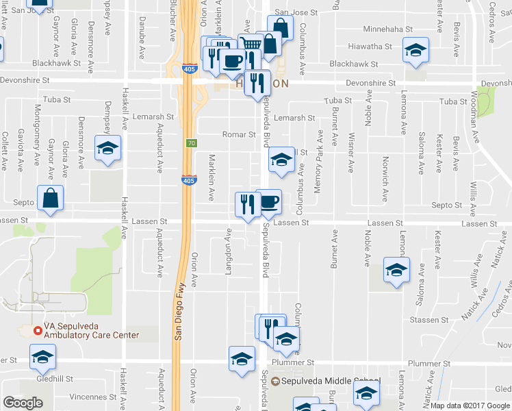 map of restaurants, bars, coffee shops, grocery stores, and more near 9929 Sepulveda Boulevard in Los Angeles