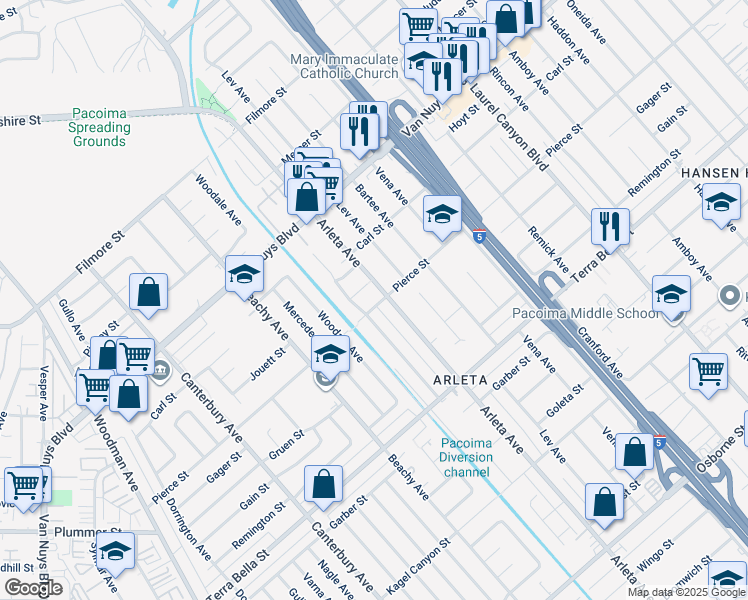 map of restaurants, bars, coffee shops, grocery stores, and more near 13911 Pierce Street in Los Angeles