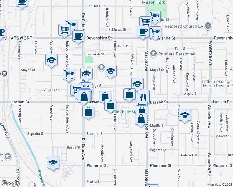 map of restaurants, bars, coffee shops, grocery stores, and more near 20656 Septo Street in Los Angeles