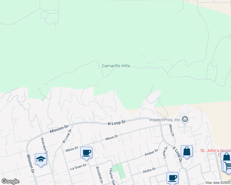map of restaurants, bars, coffee shops, grocery stores, and more near 390 Highland Hills Drive in Camarillo