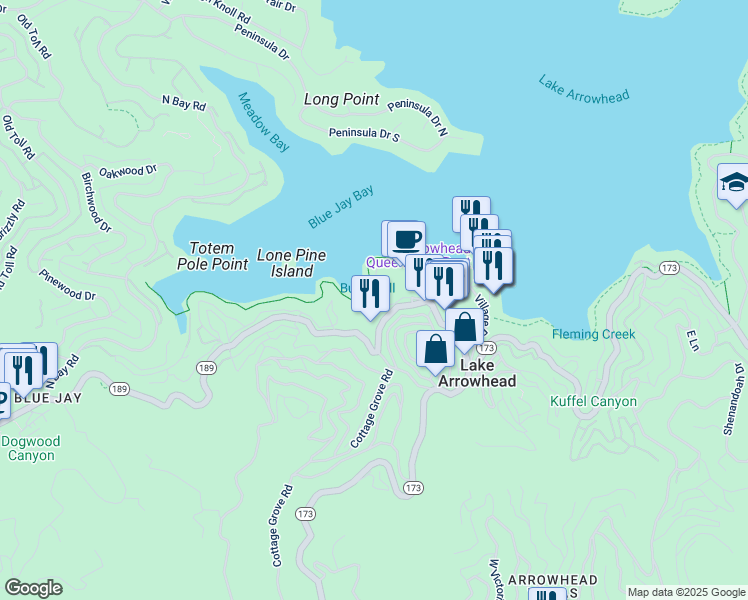 map of restaurants, bars, coffee shops, grocery stores, and more near 304 Villa Way in Lake Arrowhead