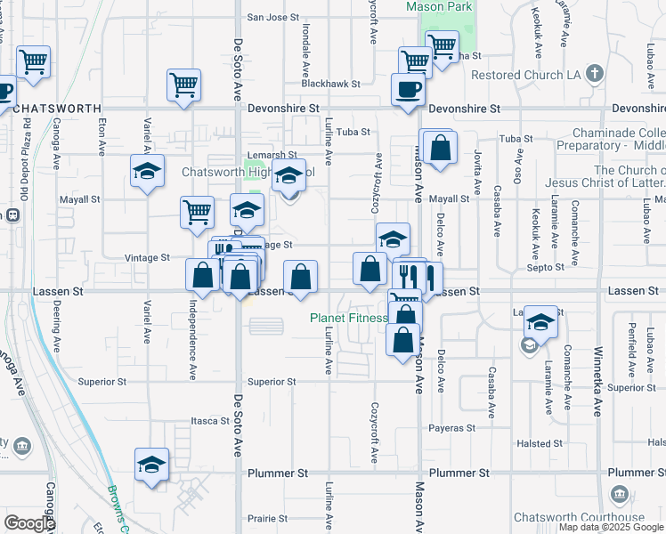 map of restaurants, bars, coffee shops, grocery stores, and more near 20656 Septo Street in Los Angeles
