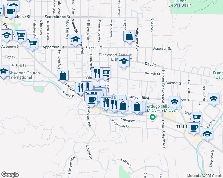 map of restaurants, bars, coffee shops, grocery stores, and more near 10113 West Amber Court in Los Angeles