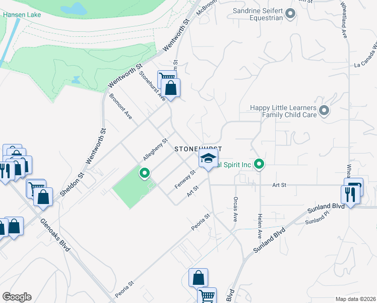 map of restaurants, bars, coffee shops, grocery stores, and more near 9957 Stonehurst Avenue in Los Angeles