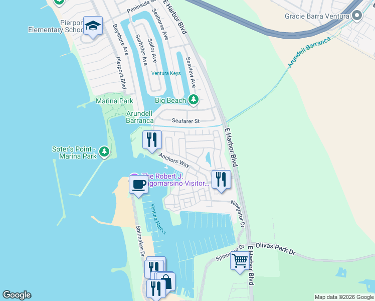 map of restaurants, bars, coffee shops, grocery stores, and more near 117 Ventura Marina Mobile Home Park in Ventura
