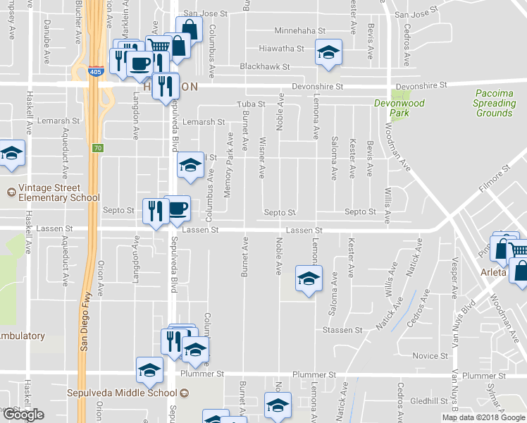 map of restaurants, bars, coffee shops, grocery stores, and more near 15199 Septo Street in Los Angeles