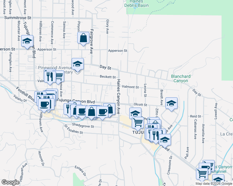 map of restaurants, bars, coffee shops, grocery stores, and more near 10043 Haines Canyon Avenue in Los Angeles
