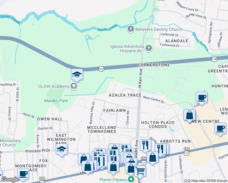map of restaurants, bars, coffee shops, grocery stores, and more near 701 Indica Court in Wilmington