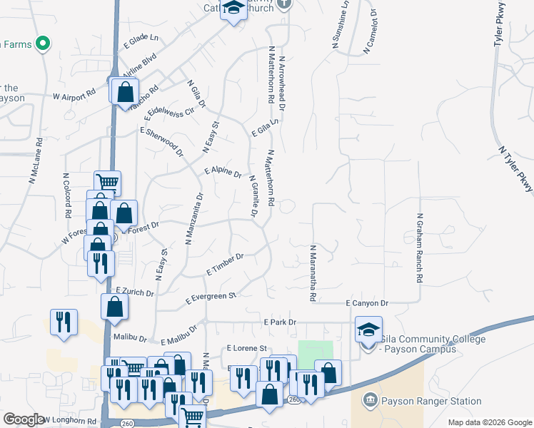 map of restaurants, bars, coffee shops, grocery stores, and more near 707 North Granite Drive in Payson