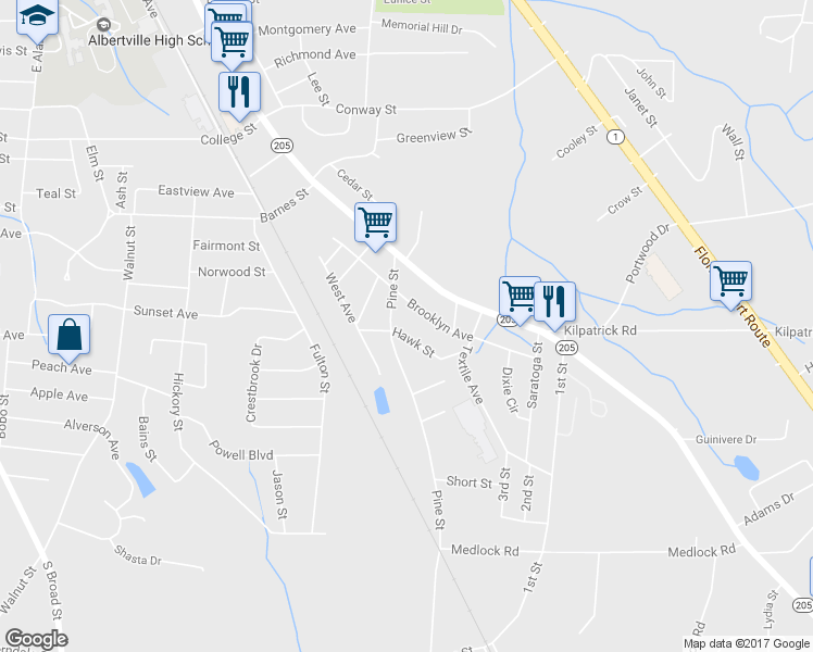 map of restaurants, bars, coffee shops, grocery stores, and more near 906 Hawk St in Albertville